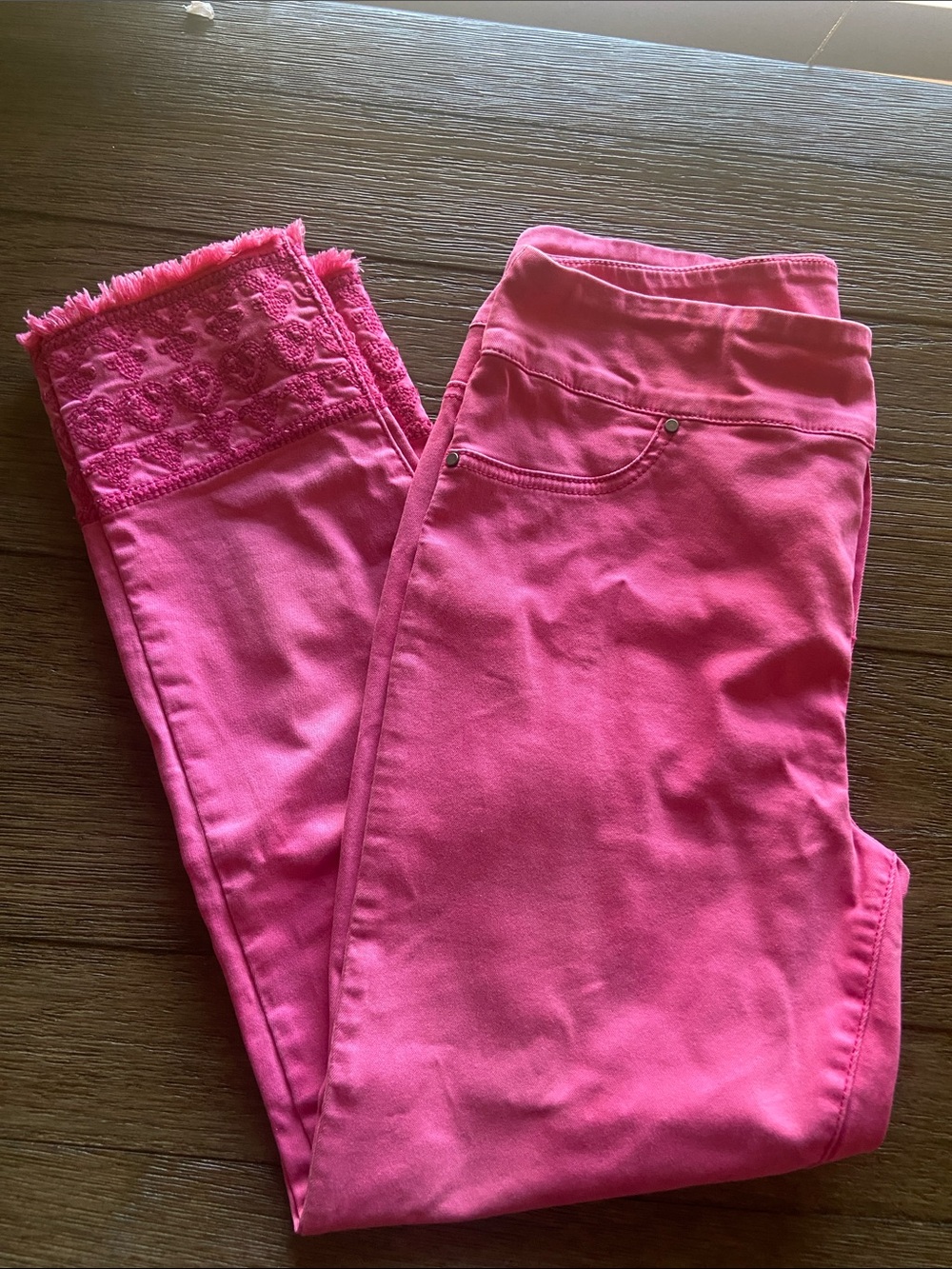 Women’s Skinny Jeans with Embroidered Fringe Hem — Bright Pink